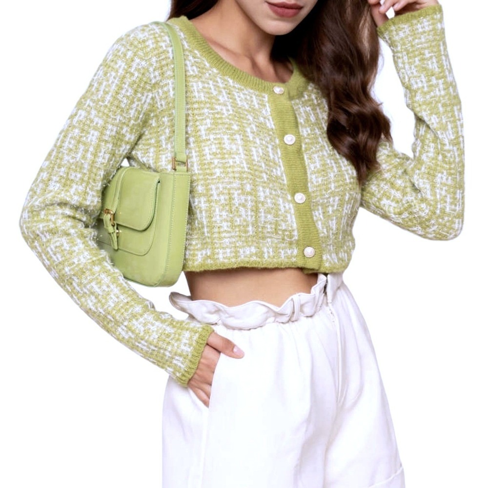 Cider Green White Tweed Cropped Cardigan Pearl Buttons Preppy Sz M NWT